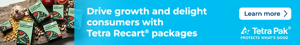 Tetra Recart packages displayed with beans and vegetables beside text promoting consumer growth and a Learn More button.
