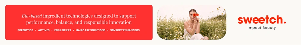 Sweetch Impact Beauty banner promoting bio-based ingredient technologies, featuring a woman seated among wildflowers.